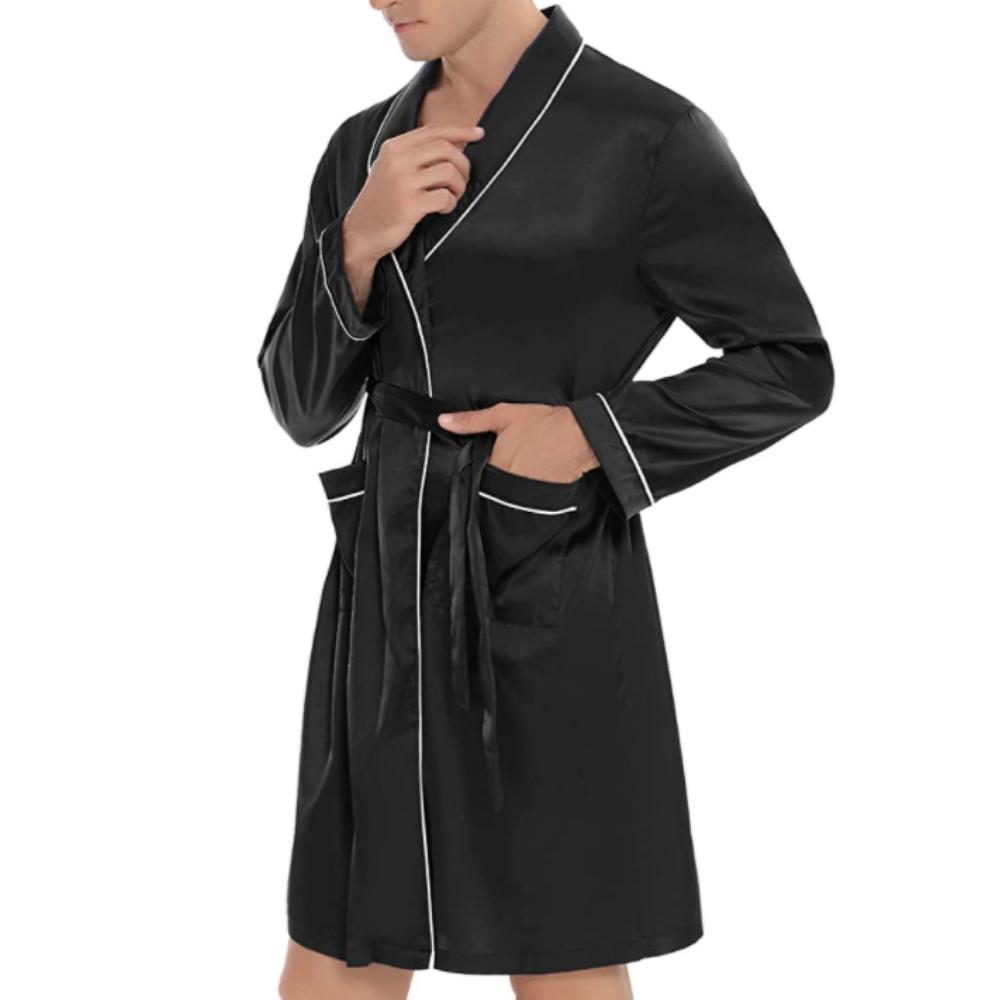 Mens Silky Satin Lounge Robe, Black, Large
