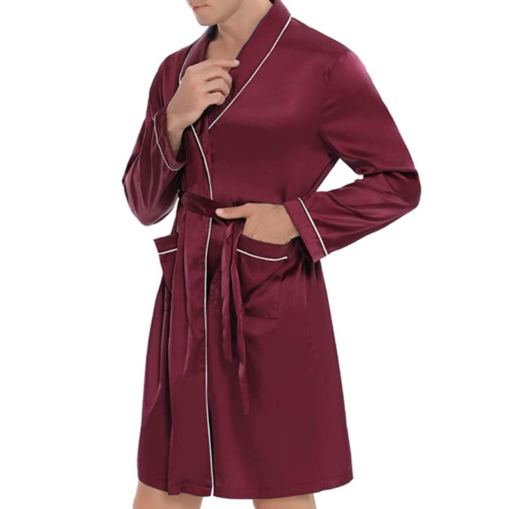 Mens Silky Satin Lounge Robe, Red, Extra Large