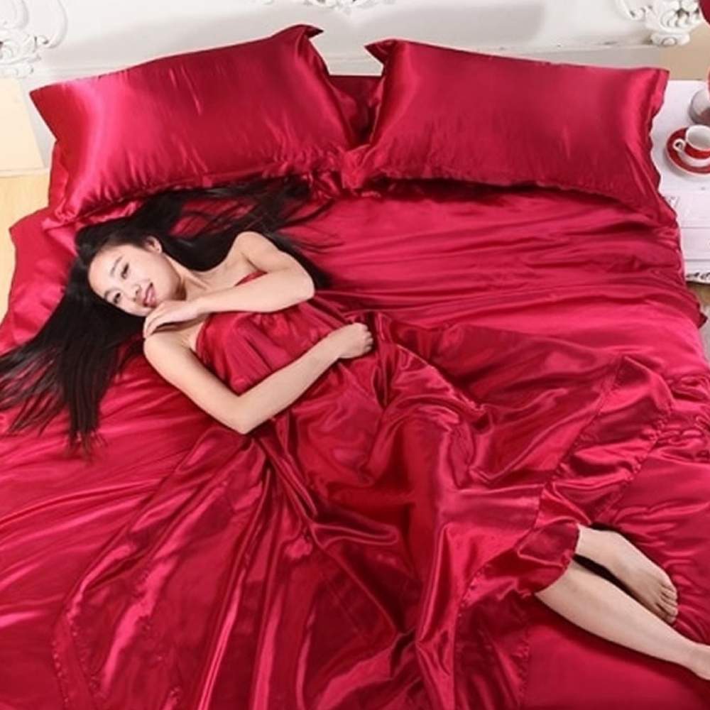 Satin Sheets, Red, Queen 4 Piece Set