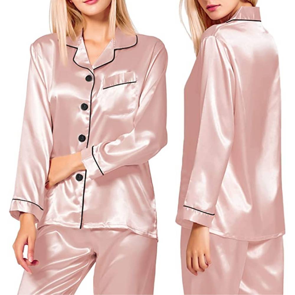 Satin Silk Long PJ Set, Pink, Extra Large