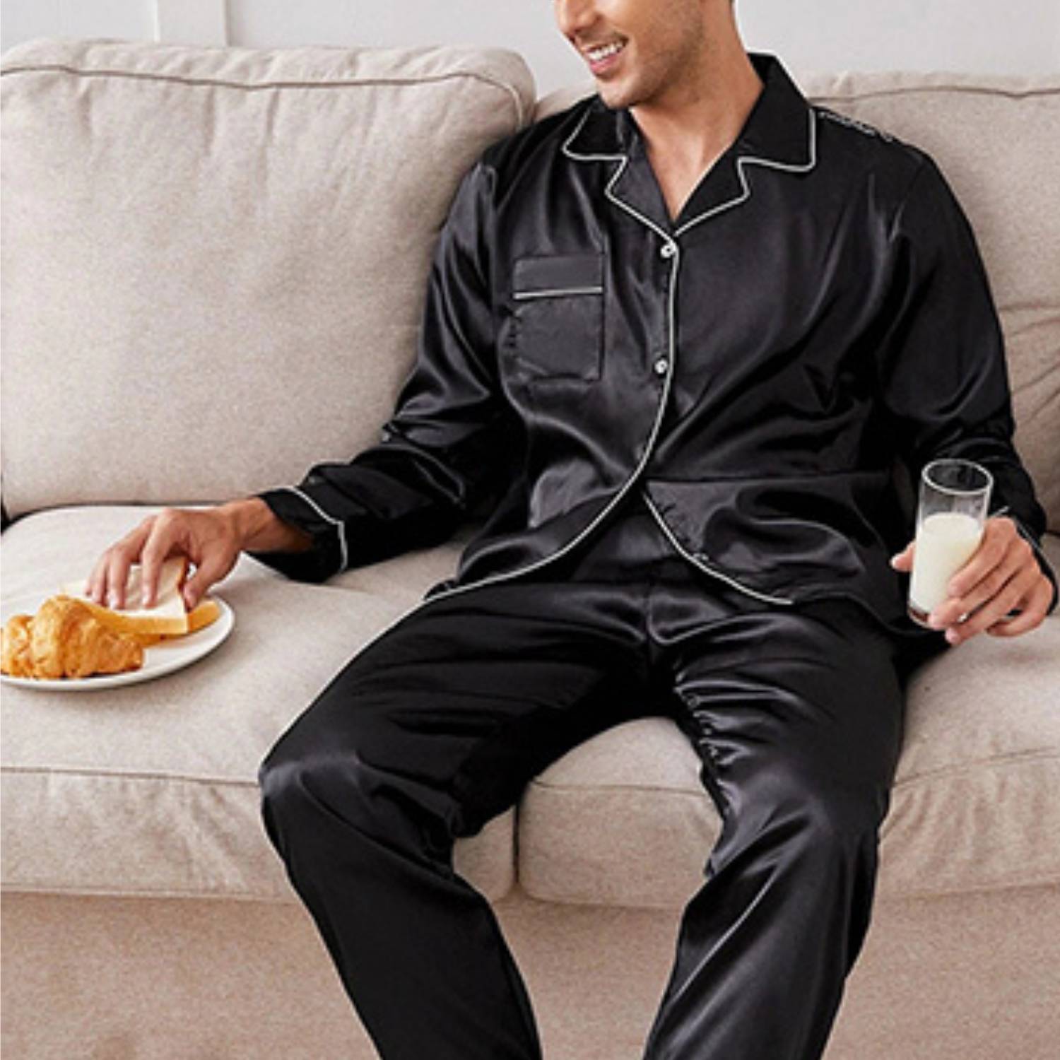 Silk Satin Pyjamas For Men - Black / L: image 1