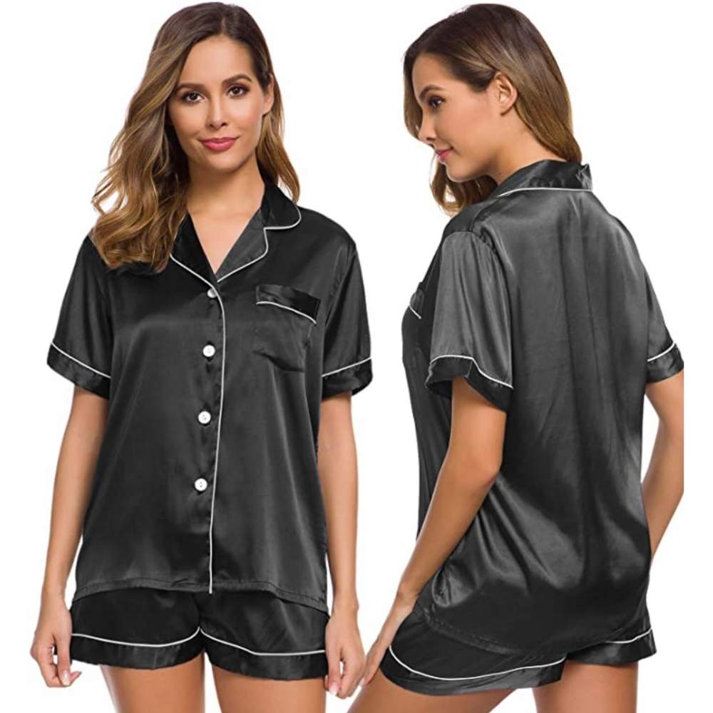 Womens Silk Satin Pyjamas, Black, Large