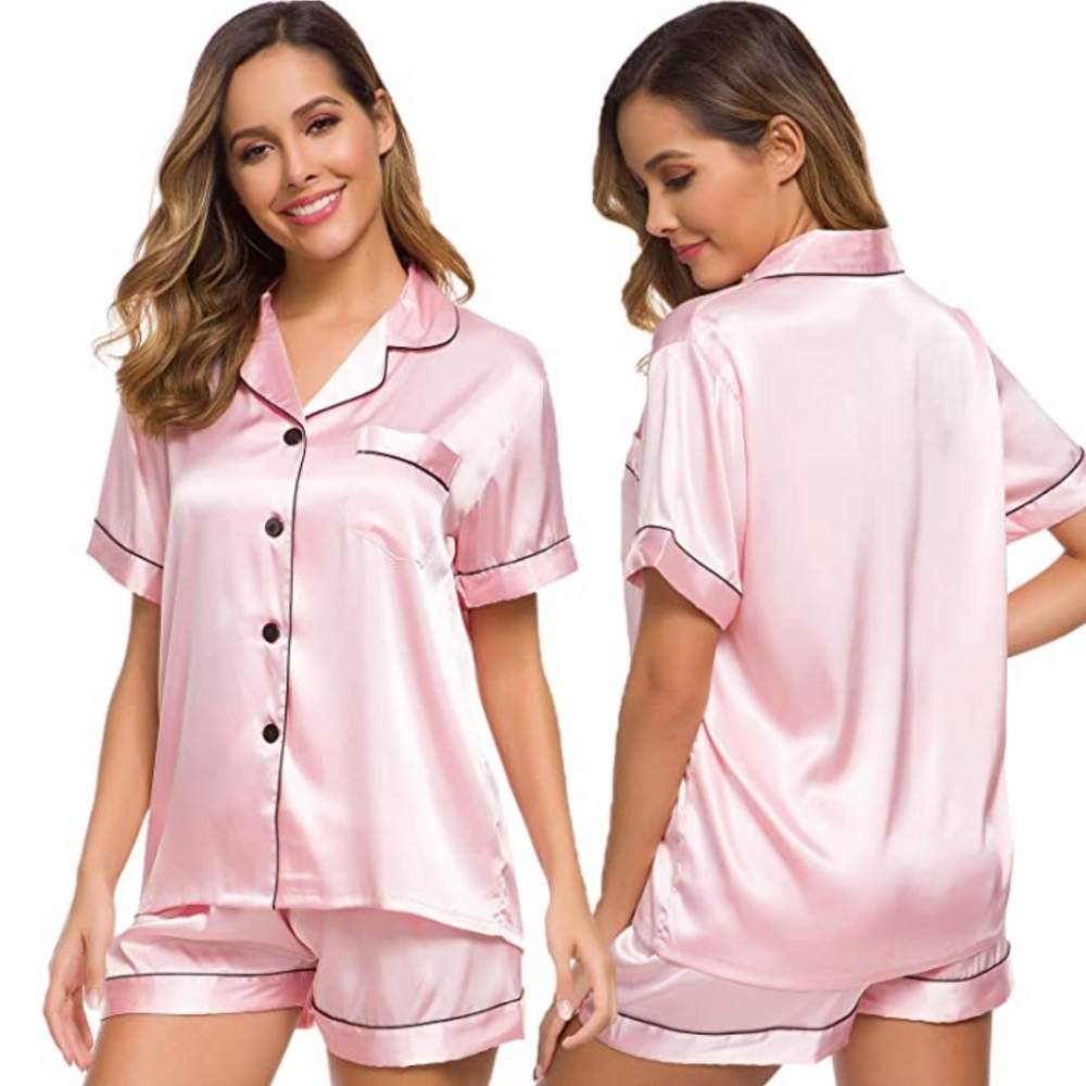 Womens Silk Satin Pyjamas, Pink, Large