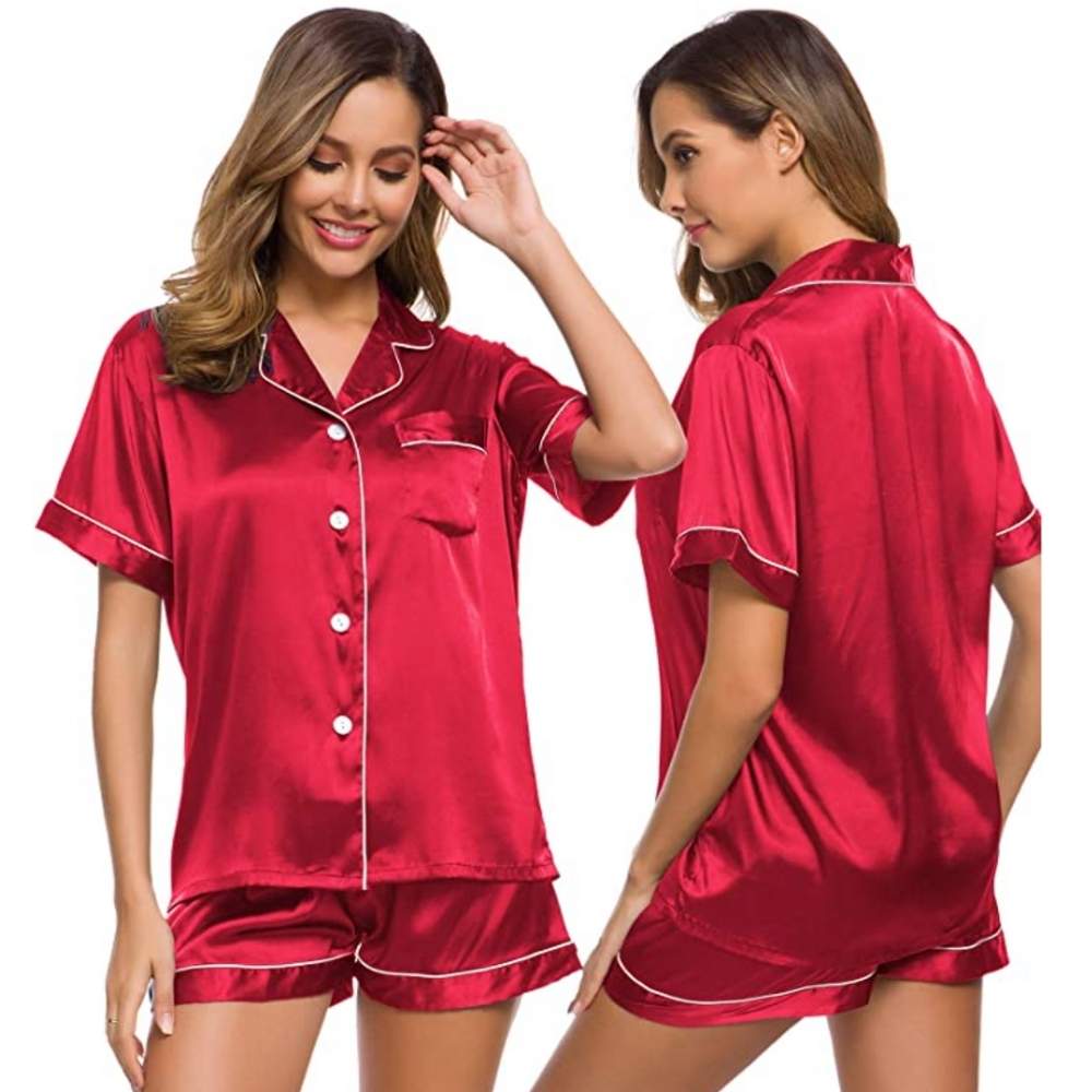 Womens Silk Satin Pyjamas, Red, Extra Large