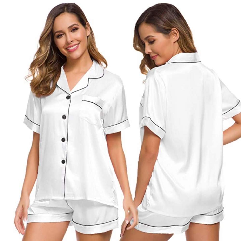 Womens Silk Satin Pyjamas, White, Extra Large